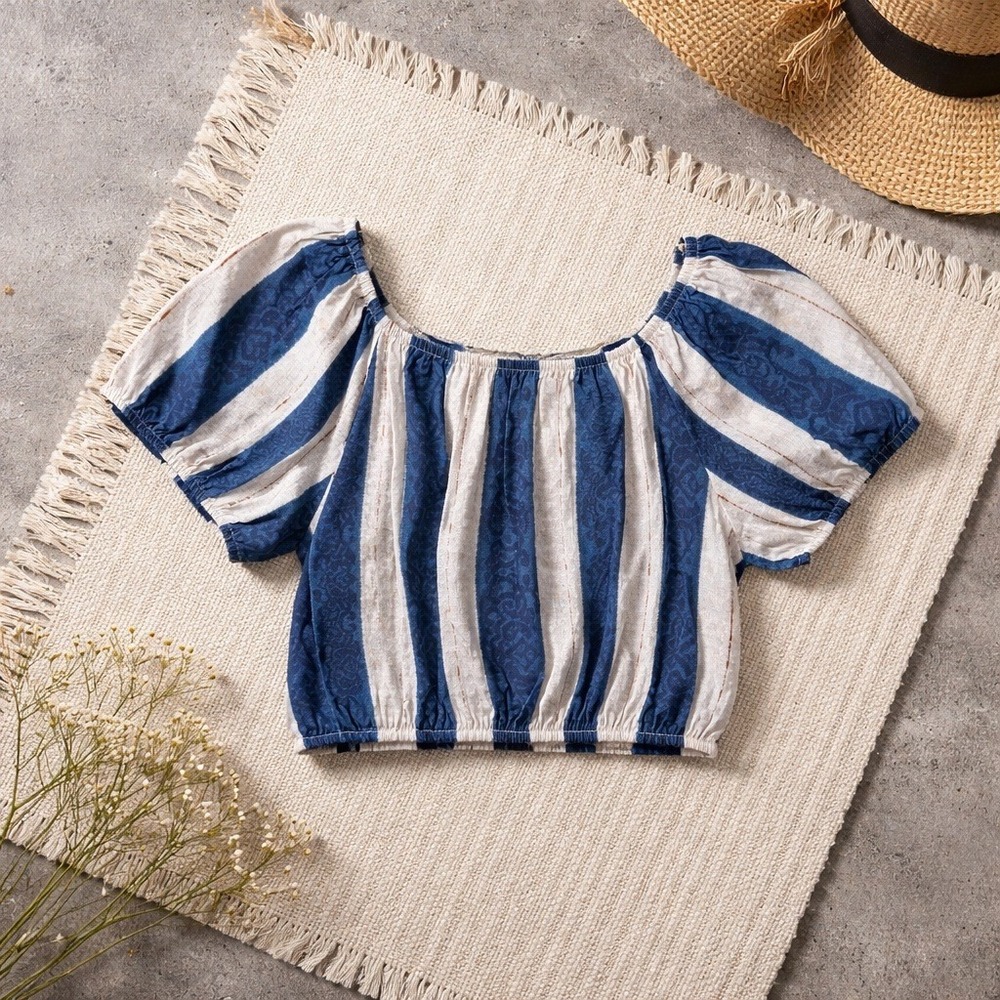 Bellambra Italy L Linen Blend Striped Crop Top Blue White Damask Puff Sleeve NWT